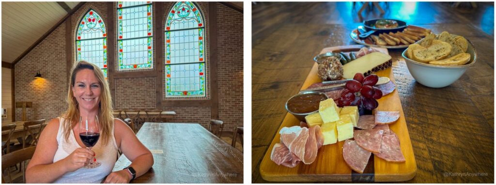 River House Winery Food and Wine - Kat with BAco Noir and the charcuterie board