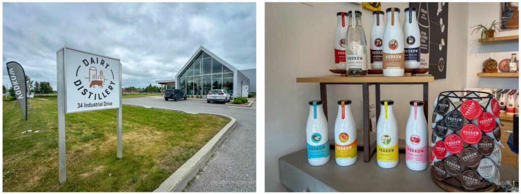 Vodkow Dairy Distillery exterior and Vodkow products in store in Almonte Ontario