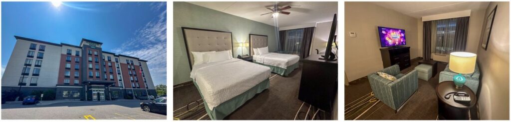 North Bay Homewood Suites by Hilton double suite room and exterior