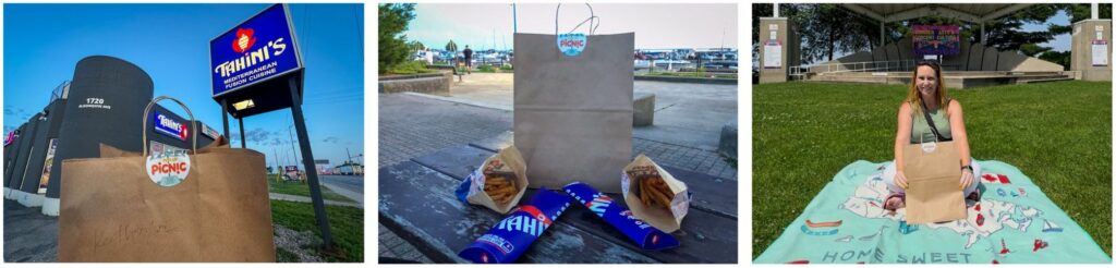 North Bay Pop Up Picnic featuring Tahanis eating at kiwana's clamshell or on a picnic table in the evening