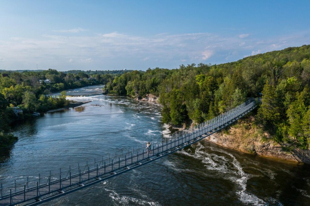 Ranney Gorge Suspension Bridge Drone photo ©Northumberland TourismTrans Canada Trail in Campbellford