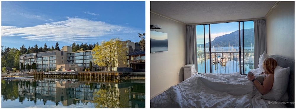 Cowichan Bay Oceanfront Suites - hotel exterior from dock and me in bed with coffee admiring the view