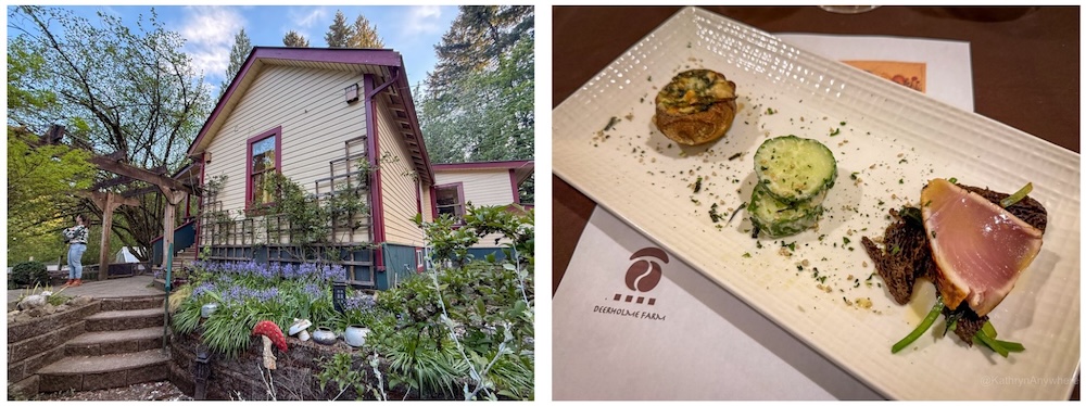 Deerhome Farms exterior and Spring Wild Foods menu appetizers Mushroom stuffed with stinging nettle and wild onion béchamel, Seared albacore tuna with truffle honey and wild onion