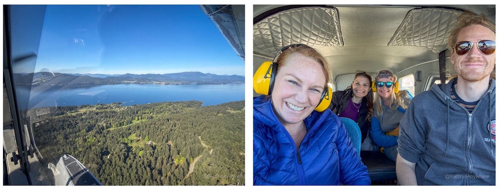 Gulf Island Seaplanes view of Salt Spring Island from above and group selfie in the plane
