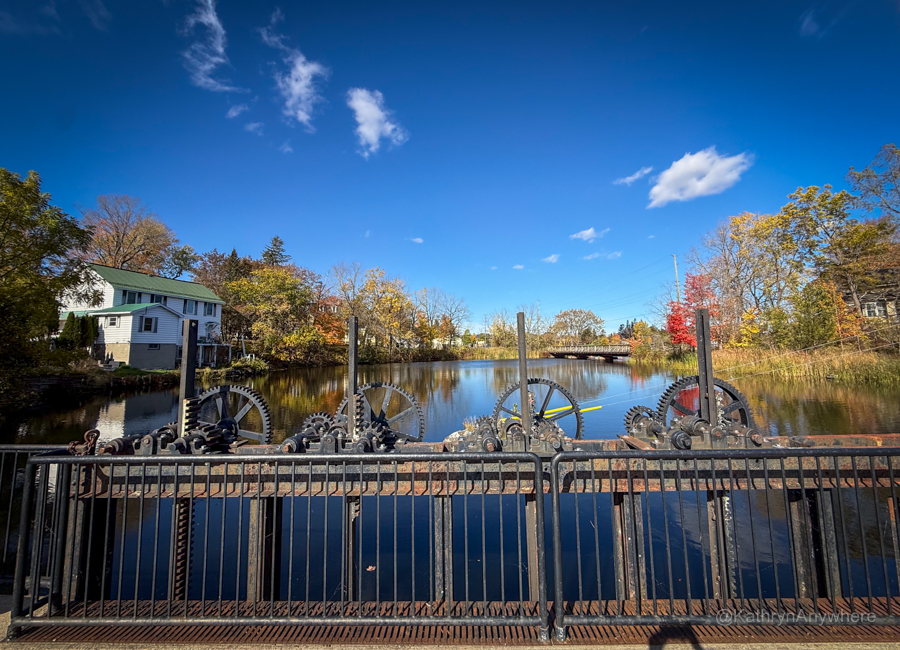Gananoque River machinery from bridge, take a walk, things to go in Gananoque in fall